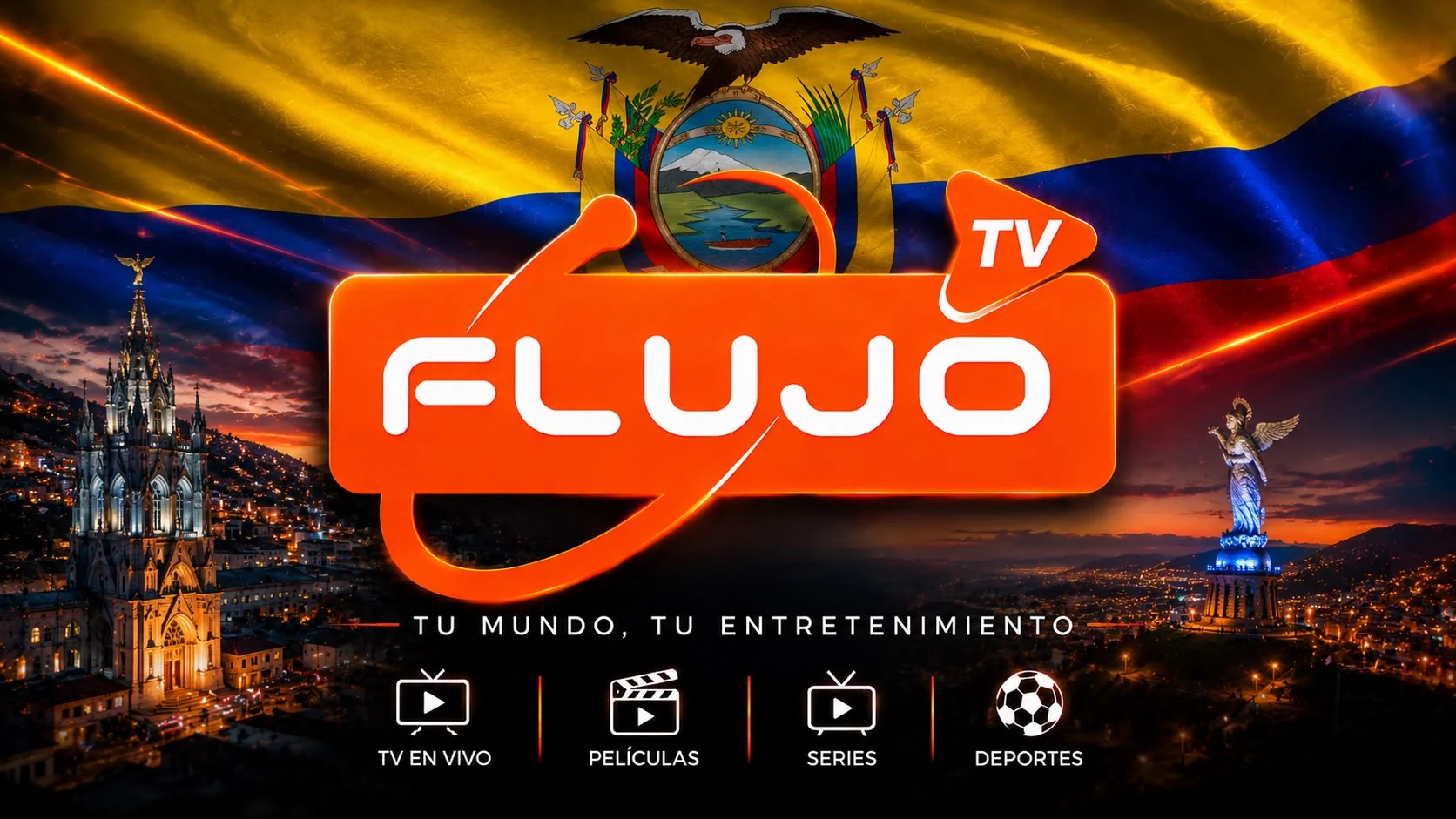 Imagen promocional de Flujo TV con la bandera de Ecuador