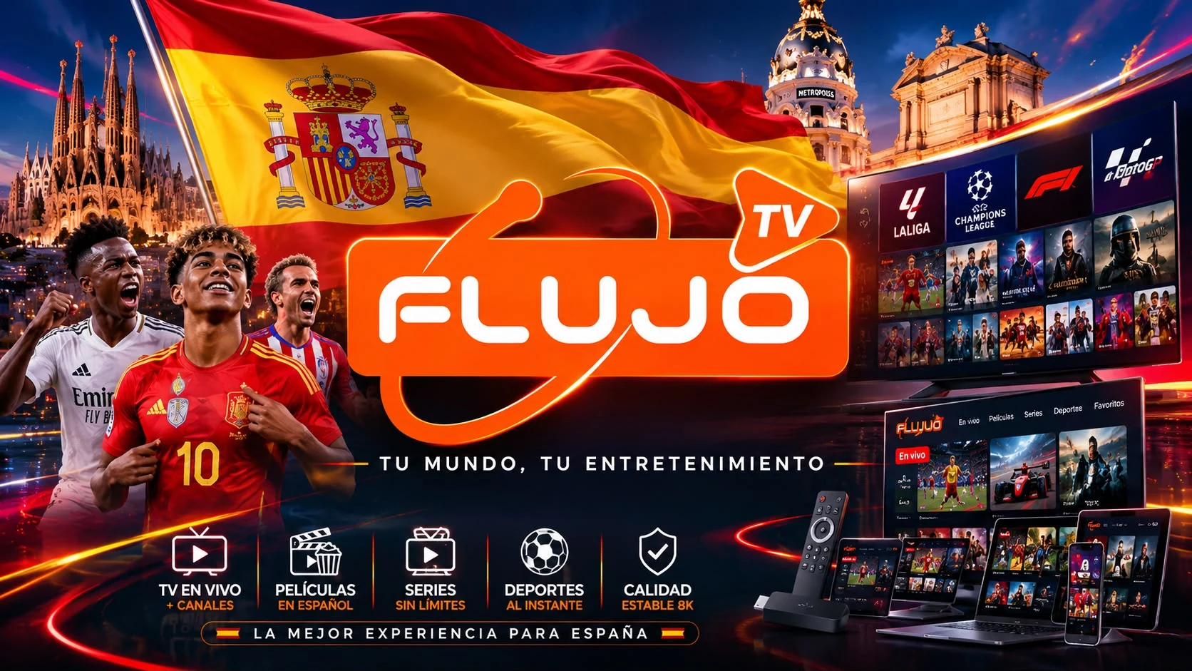 Imagen promocional de Flujo TV con la bandera de España