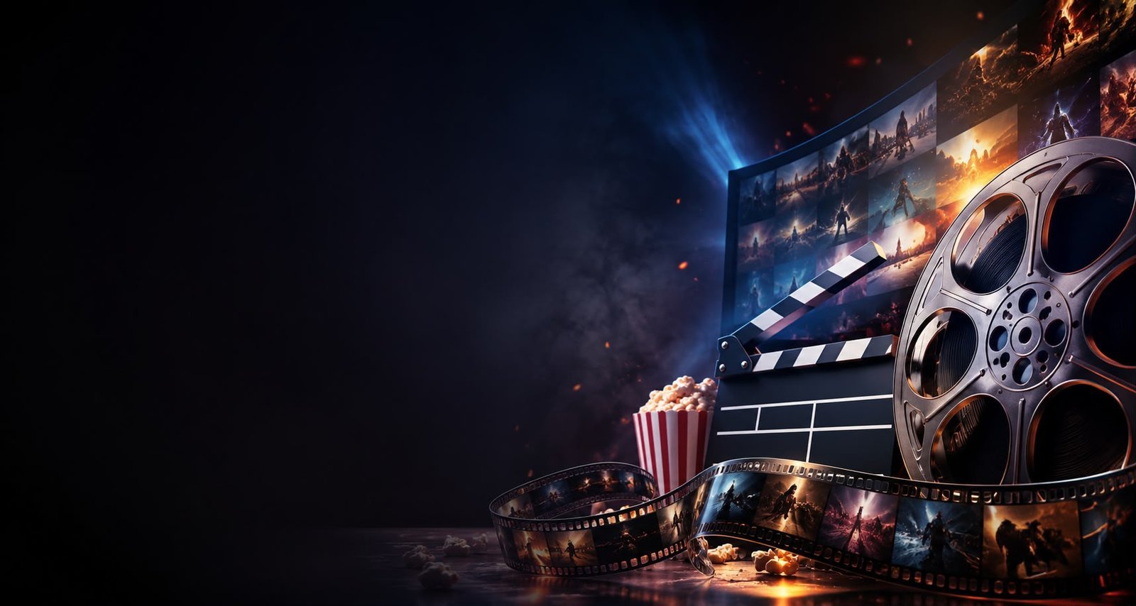 Bobina de cine, claqueta y palomitas frente a una pared de pantallas con escenas de películas y series